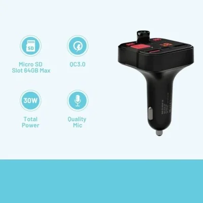 Porodo Blue Wireless FM Transmitter with Dual QC3.0 - Type-C Port - Black